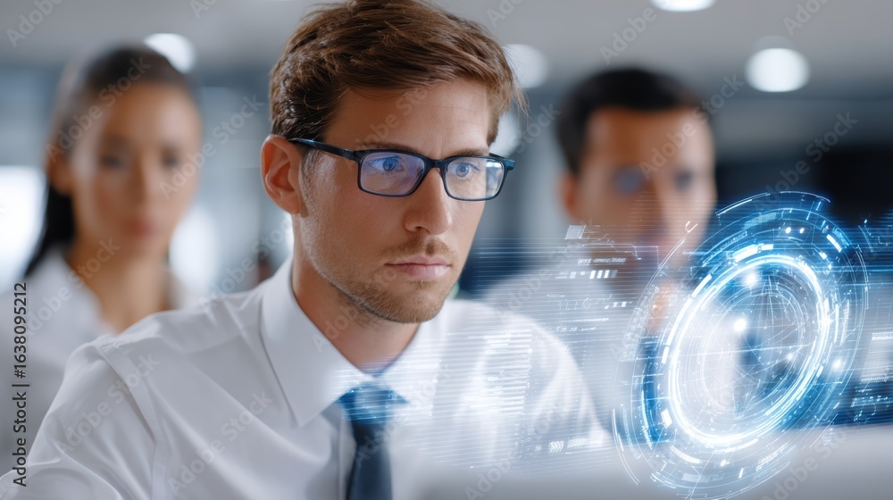 Poster a focused professional analyzes digital data while colleagues observe, showcasing a modern work envi