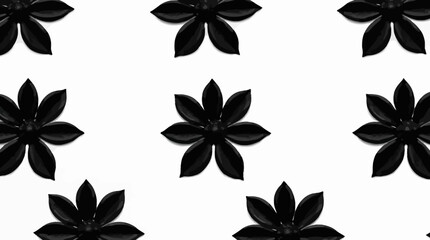 A repeating pattern of glossy, black, star anise flowers on a white background.