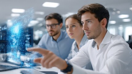 A focused team analyzes digital data on screens, showcasing collaboration and technology in a modern office environment.