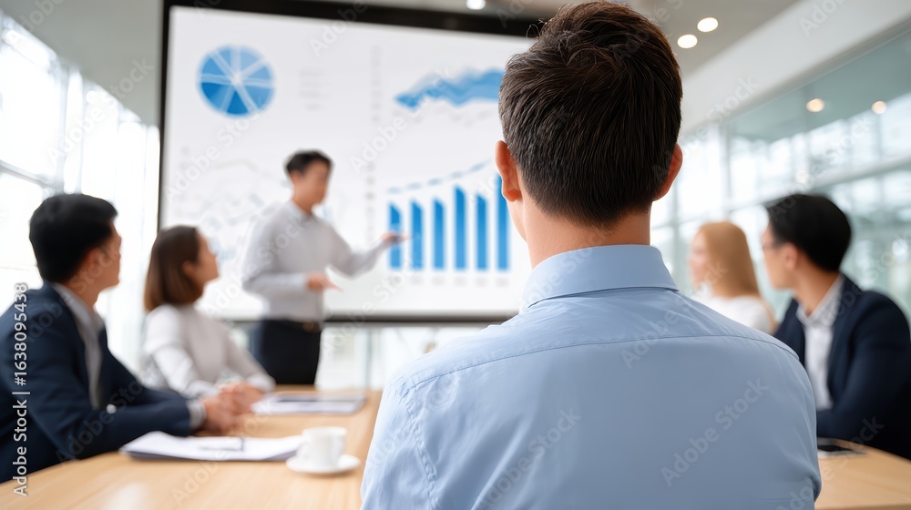 Poster a professional meeting in a modern conference room where a presenter discusses data trends with an a