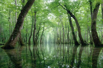Obraz premium Lush forest reflected in still water