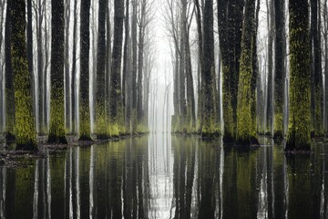 Misty, flooded forest path lined with mossy trees