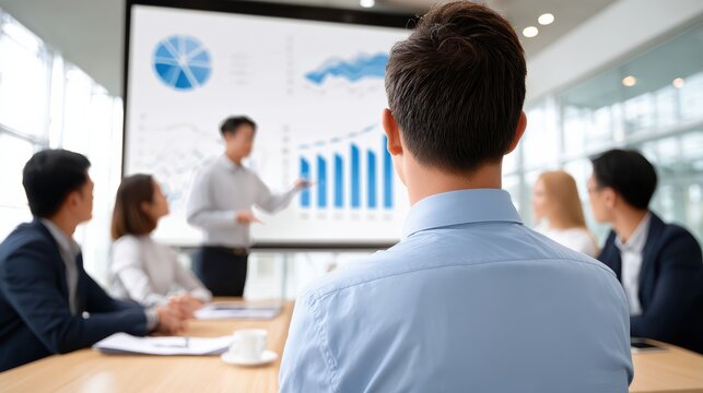 A professional meeting in a modern conference room where a presenter discusses data trends with an audience, highlighted by graphs and charts.
