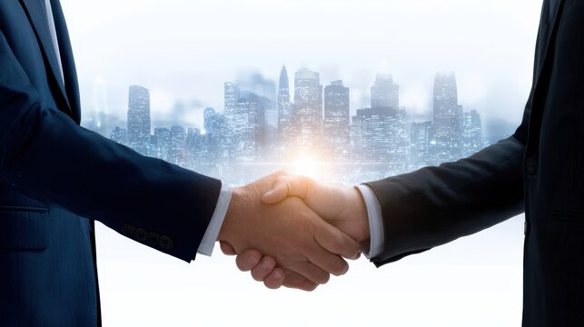 Two business professionals shake hands against a city skyline, symbolizing partnership, agreement, and collaboration in a corporate environment.
