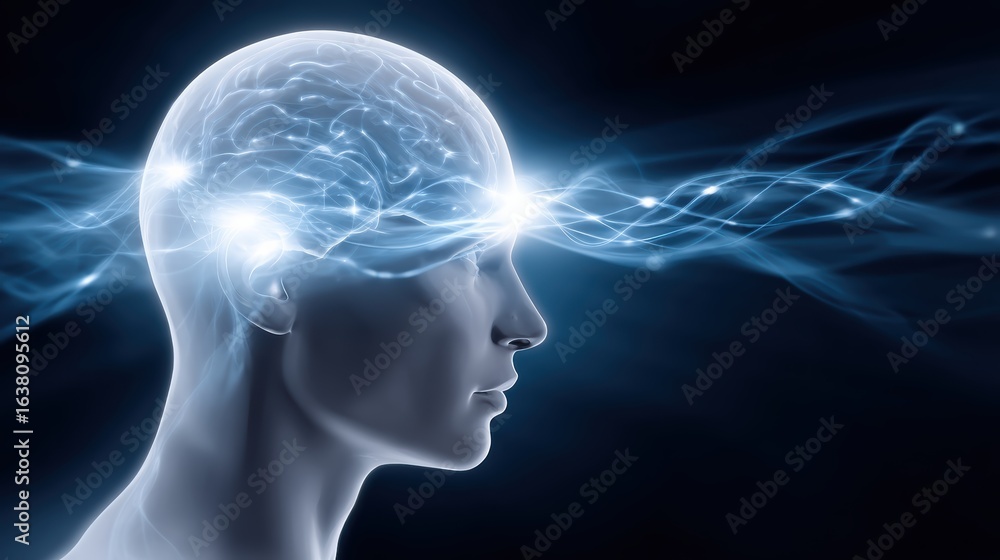 Poster a digital representation of a human head with a glowing brain, symbolizing thought processes and neu