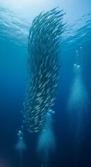 School of silver fish moving in synchronized patterns in the deep ocean, portrait orientation