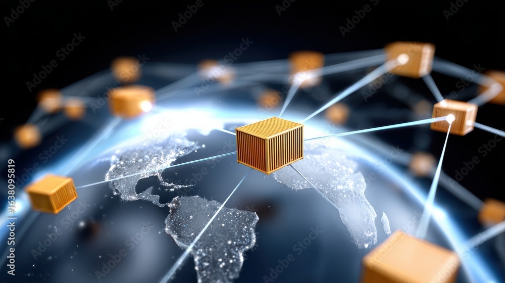 Poster a digital illustration showing interconnected shipping containers over a global map, symbolizing log