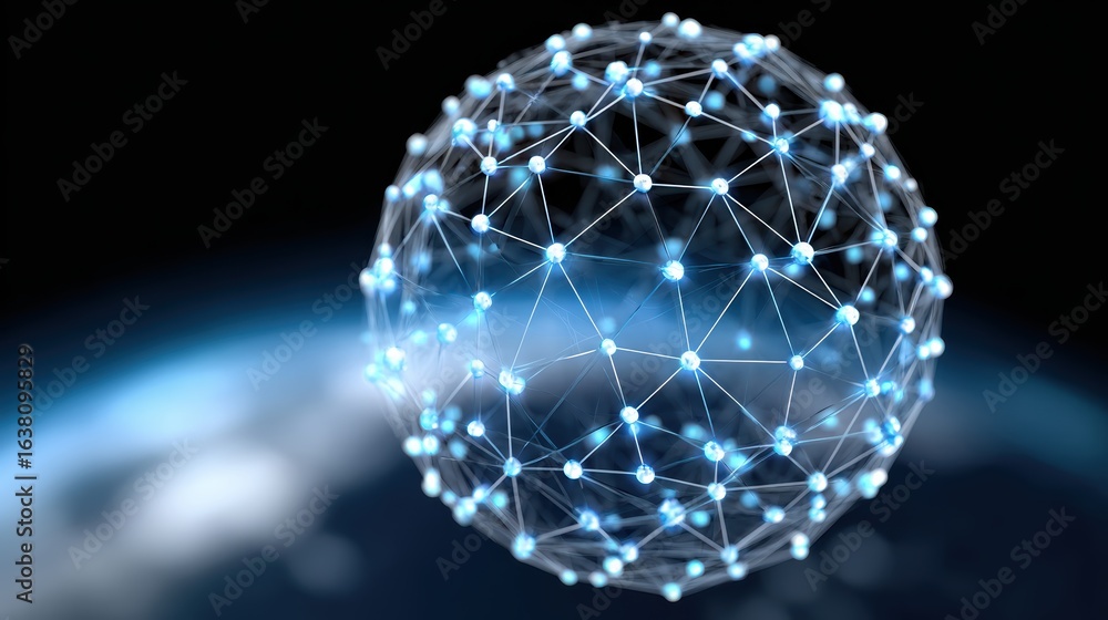 Poster a digital representation of a networked sphere, symbolizing connectivity and technology against a ba
