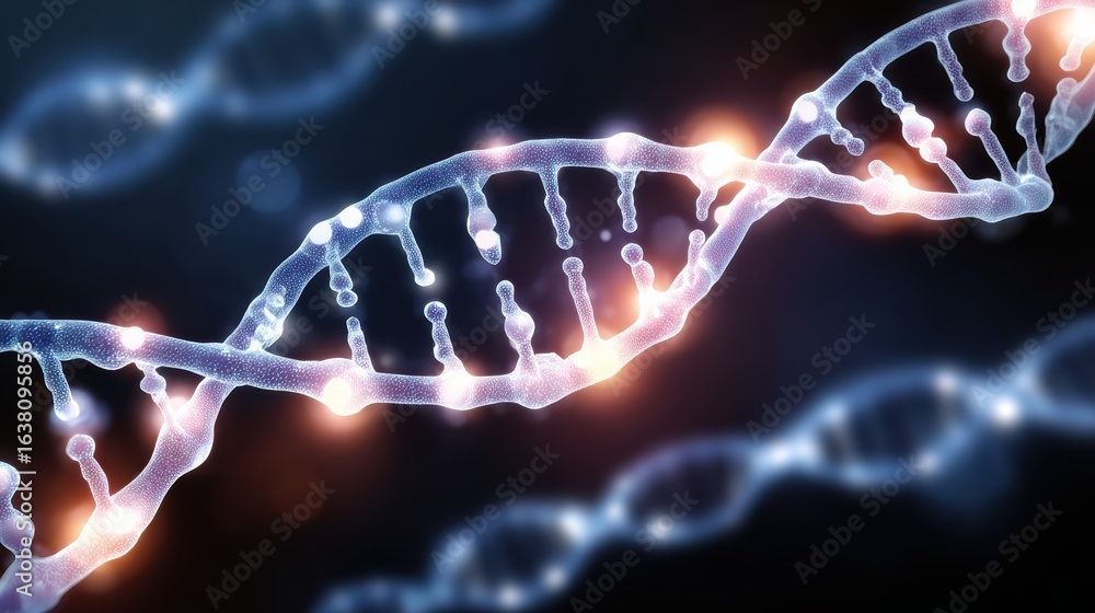 Poster a vibrant depiction of a dna double helix, showcasing intricate patterns and glowing elements agains