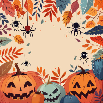 drawn Halloween autumn frame background illustration with zombie, spiders and pumpkins. Mark point design collection for halloween design element