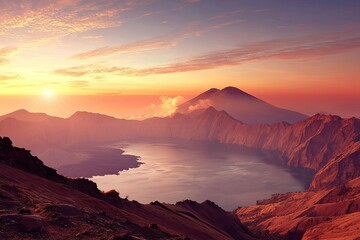 Naklejka premium Volcanic caldera lake at sunrise