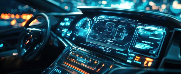 Close-up of a futuristic car dashboard featuring a digital interface with holographic displays and advanced controls.