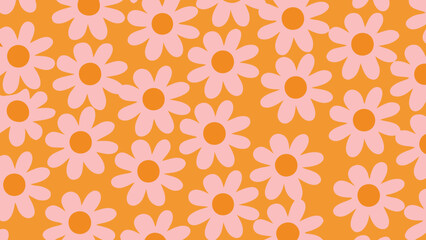 Repeating pattern of light pink daisies with orange centers on an orange background design style image