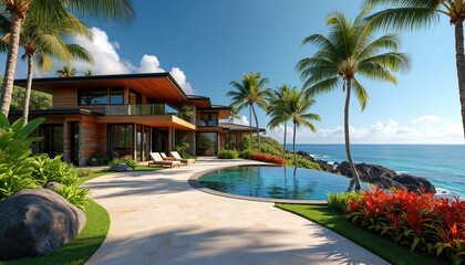 Modern beachfront estate in Hawaii features private palm grove, infinity pool overlooking ocean. Sleek architecture with wood, stone elements offers luxury living. Expansive lanai provides panoramic
