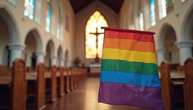 Rainbow Pride flag hangs in church, LGBTQIA inclusion, acceptance within religious spaces. Vibrant colors represent diversity, equality during Pride month celebrations. Image conveys themes of