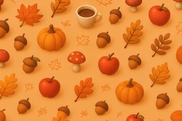 Autumn-Themed Wallpaper – Isometric Pattern of Fall Symbols