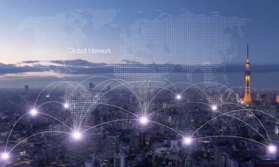 Global network connections overlaid on a cityscape at twilight, highlighting international communication and global interconnectedness.