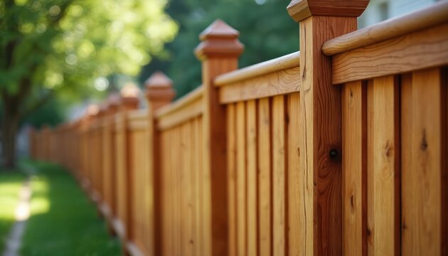 Craftsman-style wooden fence with detailed top rail offers privacy, aesthetic appeal. Vertical slats, polished finish enhance property exterior. Natural wood grain adds warmth, texture, home