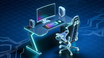 Futuristic Gaming Setup with Wireframe Desk and Chair