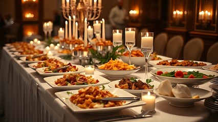 An elegant wedding buffet table with gourmet dishes illuminated by soft candlelight.