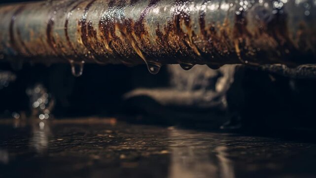 Close-up of a leaking, rusty water pipe with dripping water and reflections, symbolizing water damage and plumbing issues.