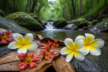 Fototapeta premium Tropical Flowers Adorned with Raindrops by a Lush Forest Stream