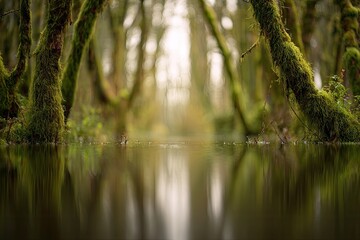 Moss-covered trees reflected in a still, flooded forest