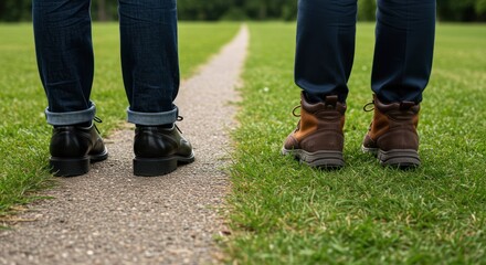 Two people standing on the path, different footwear selection