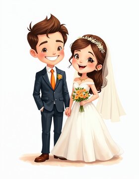 Charming watercolor illustration of happy bride and groom in elegant wedding attire. Loving couple, dressed for marriage celebration, smiles sweetly. Cute cartoon characters in romantic bridal style.