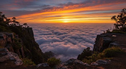 Stunning sunrise over a sea of clouds from a high cliff edge