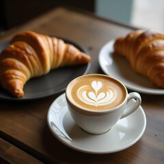  Latte Art and Croissant. Coffee with a Leaf Design and a Fresh Pastry on a Wooden Table.
