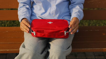 First aid kit.in the park. High quality photo.