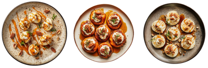 Delicious plates of dumplings with pumpkin and toppings. Isolated set