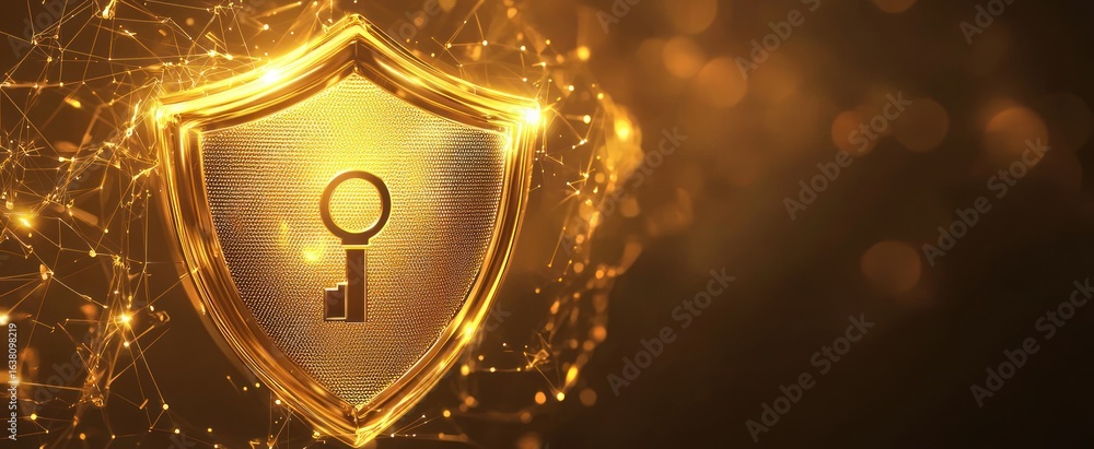 Poster a gold shield with a key that says lock on it. golden abstract digital elements gradient background