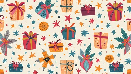 Festive Gift Pattern with Colorful Boxes and Star Accents