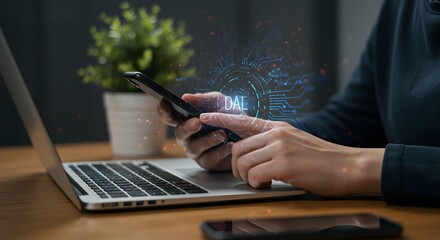 Person Using Smartphone with Digital Overlay and Laptop