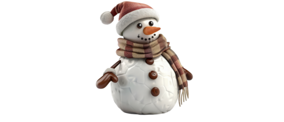 A cheerful snowman wearing a Santa hat and a colorful scarf stands against a white background, evoking a festive winter atmosphere perfect for holiday-themed decorations