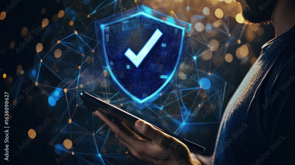 Poster internet privacy and cyber protection concept with check mark on blue shield above digital tablet in
