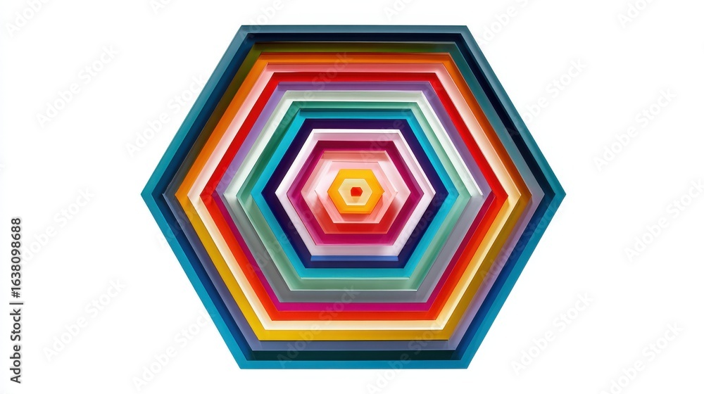 Poster abstract art with concentric pentagons in multiple colors, isolated on a white background