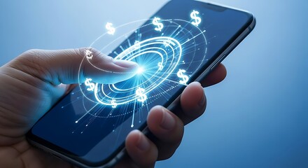 A hand interacts with a smartphone displaying a financial interface with dollar signs and glowing circular patterns.