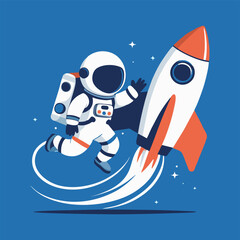 Adorable astronaut character dabbing triumphantly on a colorful rocket blasting off, with fireworks exploding in the starry sky.