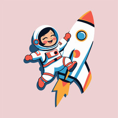 Endearing astronaut dabbing on a rocket, leaving a trail of glittering stardust, with a smiling sun and playful planets in the background.