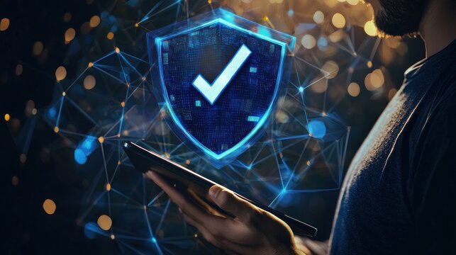 Internet privacy and cyber protection concept with check mark on blue shield above digital tablet in man hand on abstract dark background with dots - Powered by Adobe