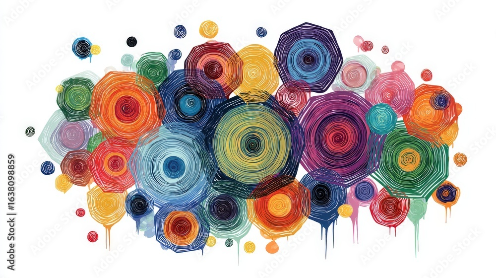 Poster abstract art with concentric pentagons in multiple colors, isolated on a white background