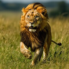 Obraz premium Majestic African lion in rapid motion across savanna.