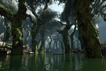 Forest waterway, flooded pathway, lush trees