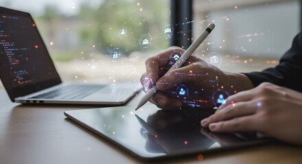 Person using stylus on tablet with laptop and digital network overlay