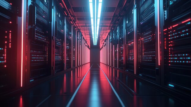 Modern interior server room data center. Connection and cyber network in dark servers. Backup, mining, hosting, mainframe, farm, cloud and computer rack with storage information. Close up,3D rendering
