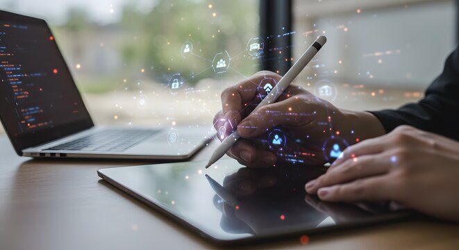 Person using stylus on tablet with laptop and digital network overlay