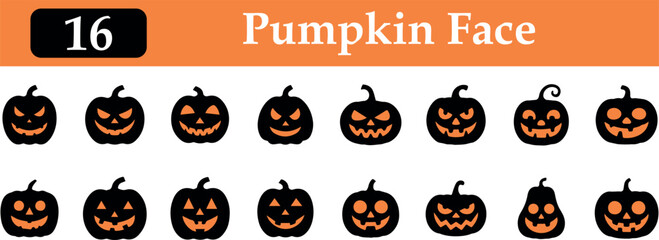 Collection of 16 Halloween pumpkin face set with carved expressions silhouette isolated on transparent background 